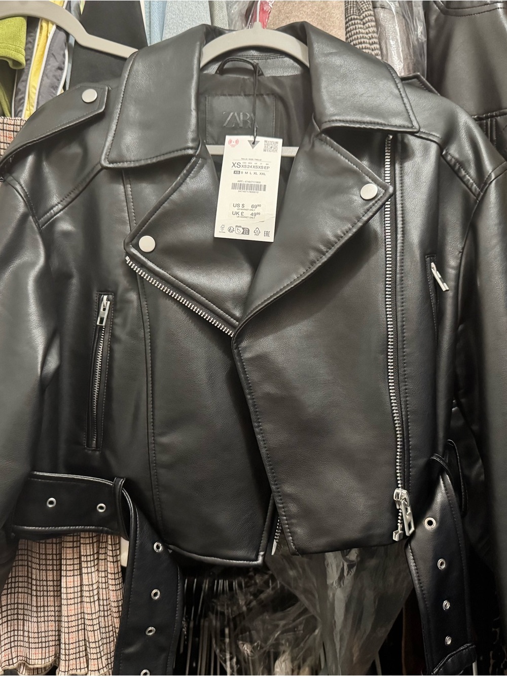 Zara Black Faux Leather Biker Jacket with Silver Hardware